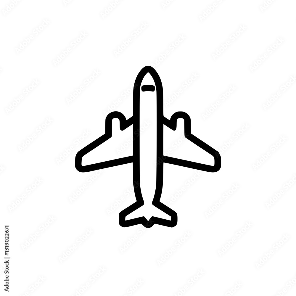 Poster stylized icon of an airplane rendered in a simple outline the aircraft faces forward with distinct w