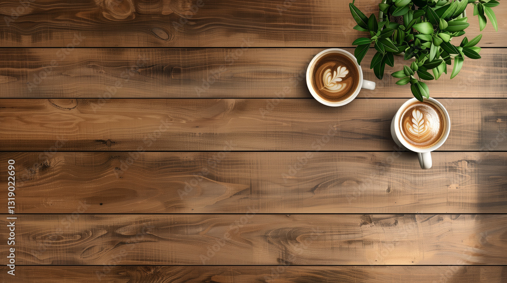 Poster table top view copy space background. Empty table with cups and leave. Wooden texture background table desk plank brown surface