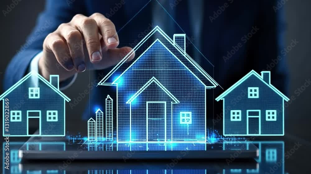 Poster digital representation of a house with futuristic features created by a professional in a suit using