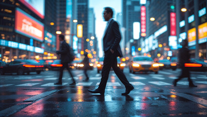 Fototapeta premium Businessman Walking City Street Night Rain Blurred Lights
