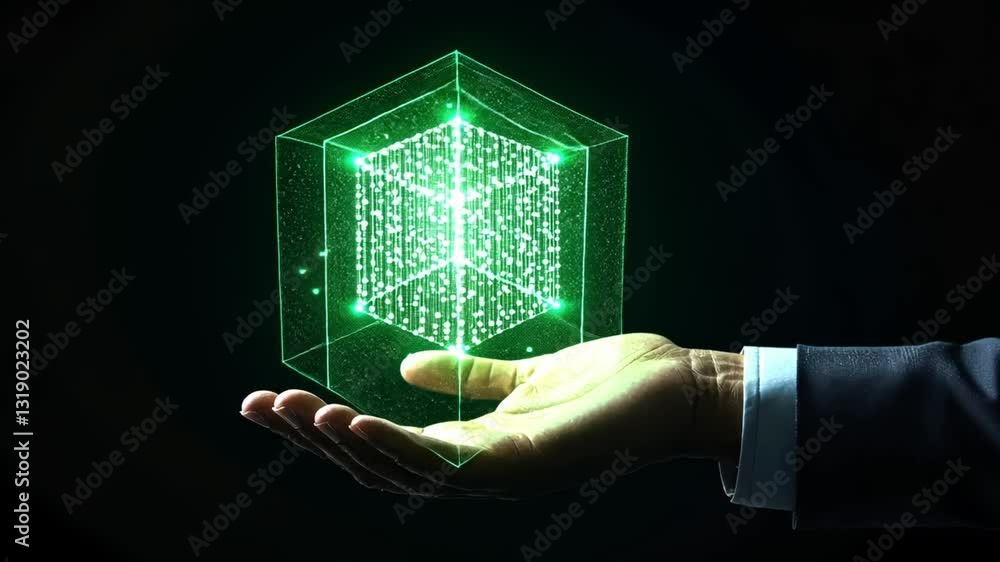 Aufkleber hand holding holographic green cube display with digital particles and light effects for technology 