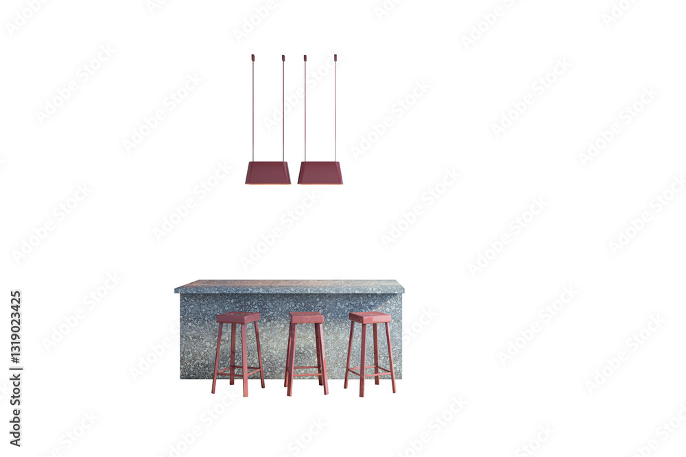 Poster contemporary bar counter with terrazzo surface, three red stools, and two hanging pendant lights, is