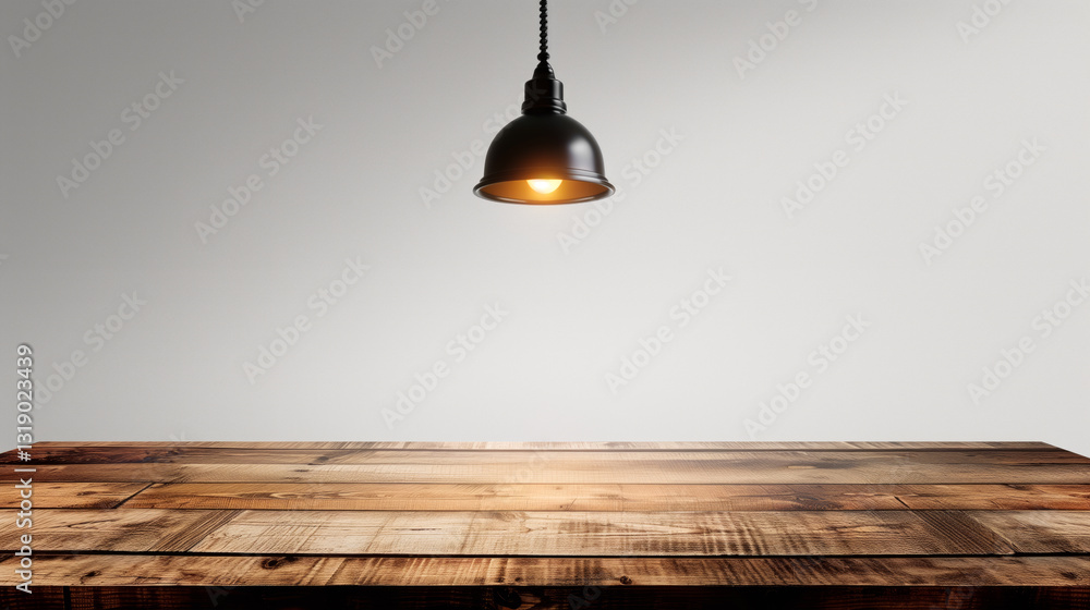 Fototapete table desk furniture hanging lamp white wall copy space. illuminated table background empty wooden s