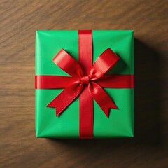 Green and red gift wrap with a bow tied around a gift box on a wooden table, gift, ribbon