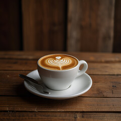 Artistic Latte with Heart and Leaf Design in White Cup Captured on Wooden Café Table for a Cozy Vibe