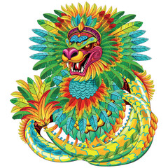 Qeztacoatl Coloful Feathered Serpent of the Aztec Mythology Tattoo Style Vector illustration isolated on white
