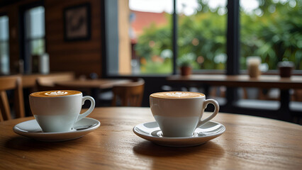 Fototapeta premium Two Cups of Latte Art on Wooden Table in Cozy Café Setting with Natural Light and Greenery in the Background