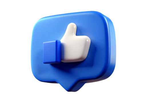 3D render, social media thumbs up icon, blue speech bubble, white thumb, glossy finish, minimalist design, bold colors, clean aesthetics, digital art, vector graphic style, modern branding
