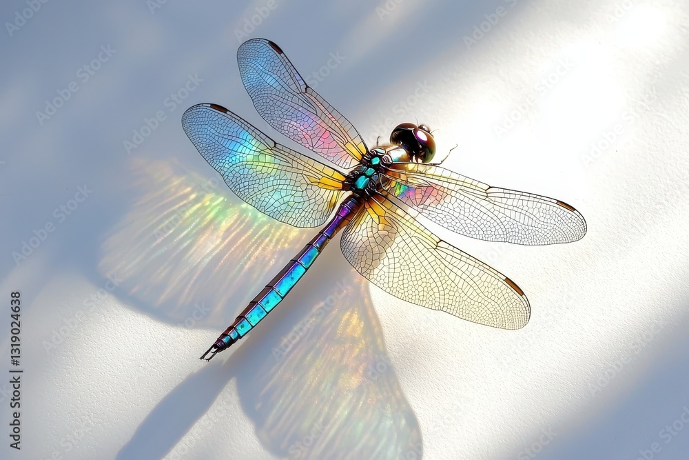 Poster colorful dragonfly displaying iridescent wings and shadow patterns