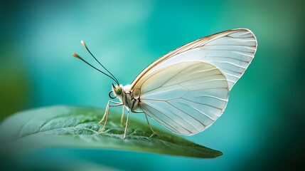 White butterfly resting on green leaf with turquoise background