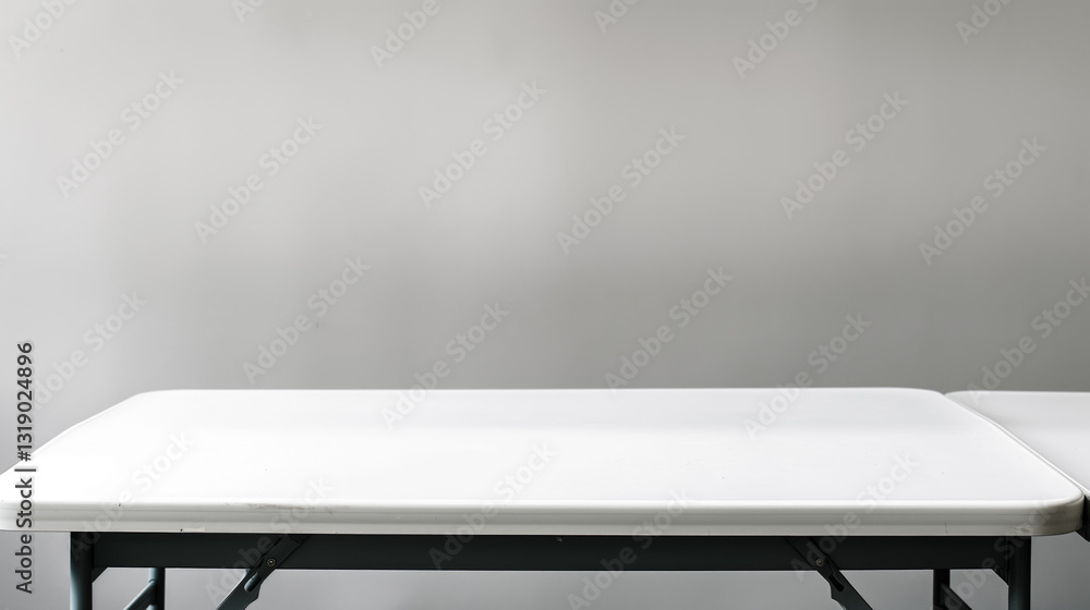 Poster White table mock up background. White table sunlight and shadows with white walls. Empty table copy space geometrical form