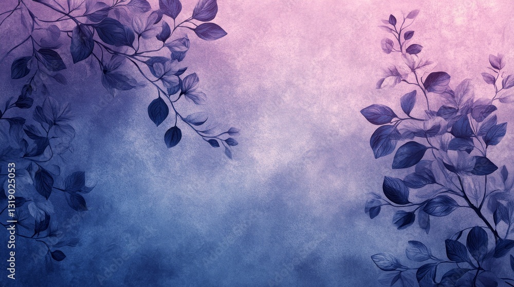 Poster delicate leaves are artfully arranged against a soft gradient of purple and blue, creating a tranqui