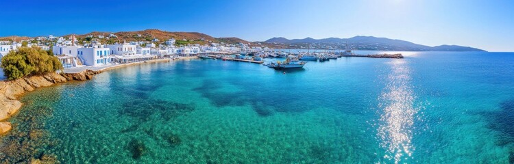 Scenic panorama of idyllic greek island harbor with clear blue waters and traditional white houses.