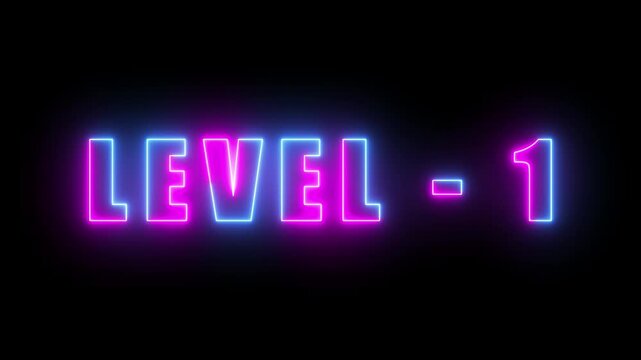 Level One text font with neon light. Level 1 neon sign. glowing letters spelling out level 1 appear on screen 4k video