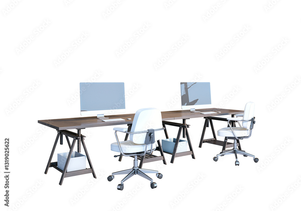 Poster office desk setup with computers, ergonomic chairs, and accessories isolated on a white background. 
