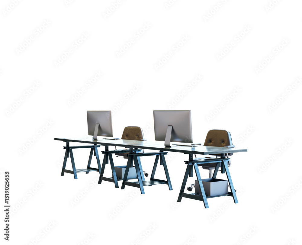 Aufkleber Three office desks with computers and chairs, isolated on a white background. Minimalist workspace layout concept. 3D Rendering.