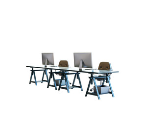 Fototapeta premium Three office desks with computers and chairs, isolated on a white background. Minimalist workspace layout concept. 3D Rendering.
