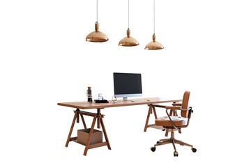 Wooden office desk with computer, leather chair, and hanging lamps, isolated on white background. Clean and modern workspace layout. 3D Rendering