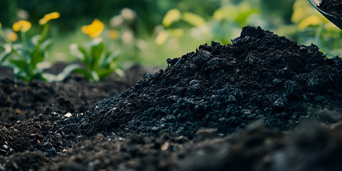  Close-up of rich, dark soil in a garden with flowers growing nearby, representing gardening, sustainability, and nature&rsquo;s natural elements.