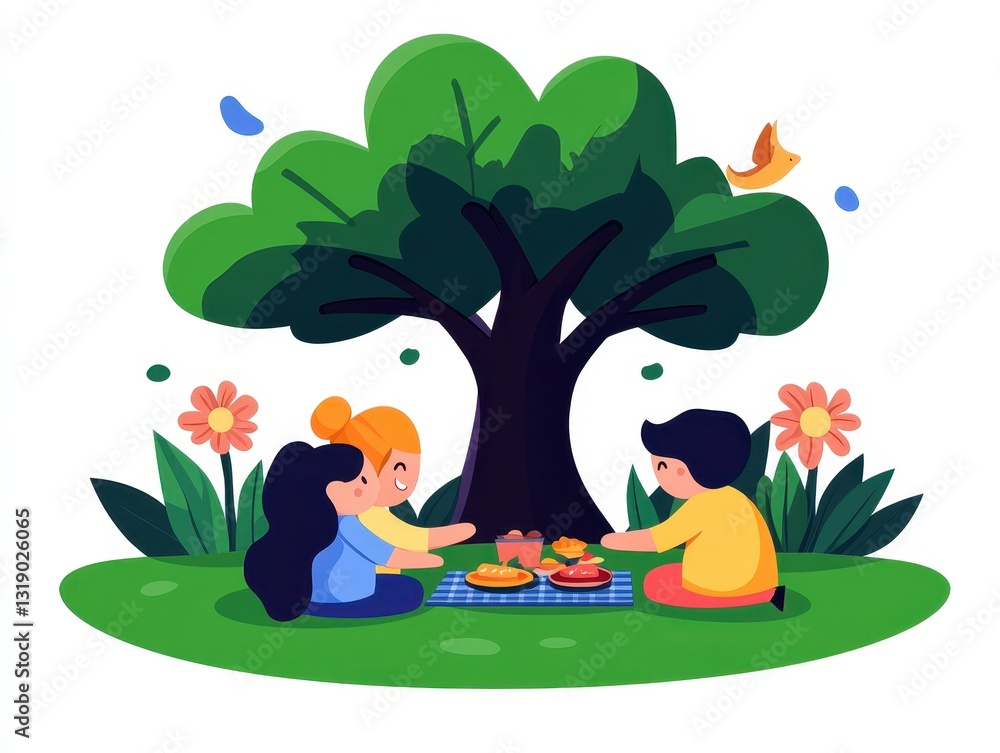 Poster three children enjoying a picnic under a large tree with flowers around them