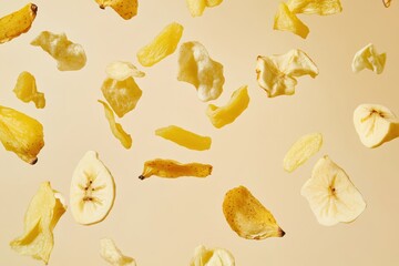 Naklejka premium Mixed Dried Banana Apple Pineapple Chips Falling in Dynamic Motion on Neutral Beige Background