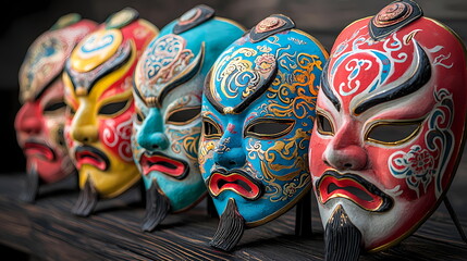 Colorful chinese opera masks representing traditional characters resting on wooden surface