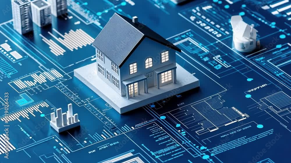 Poster blueprint and miniature house model on digital blueprint background illustrating modern architecture