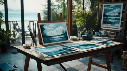 Obraz premium A well-lit artist's studio with a wooden table displaying watercolor landscapes and various painting supplies. Concept Artist's Studio, Watercolor Landscapes, Creative Workspace, Painting Supplies