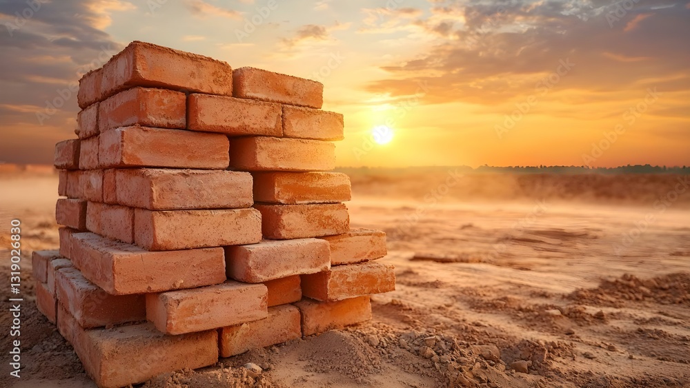 Poster a stack of bricks in a construction site with a sunset backdrop, creating a warm, atmospheric scene.