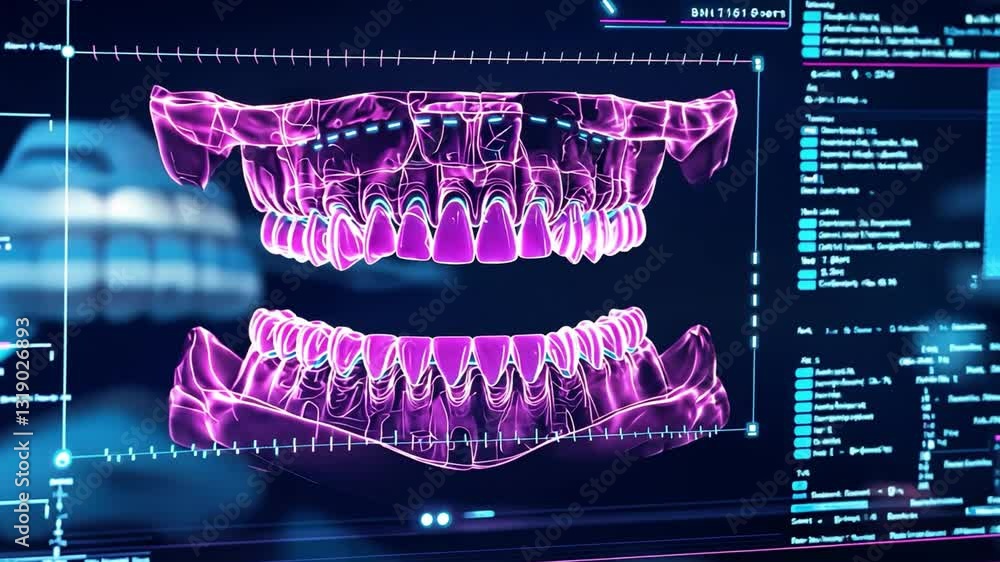 Poster digital illustration of advanced orthodontic treatment diagnostic visualization featuring a high-tec