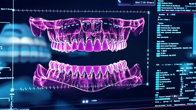 Digital illustration of advanced orthodontic treatment diagnostic visualization featuring a high-tech interface with glowing tooth structures in vibrant colors