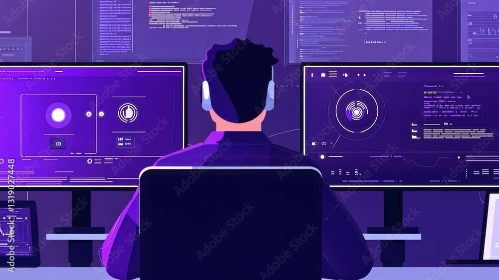 Poster person monitors multiple screens in dark room with colorful data visualizations and digital interfac