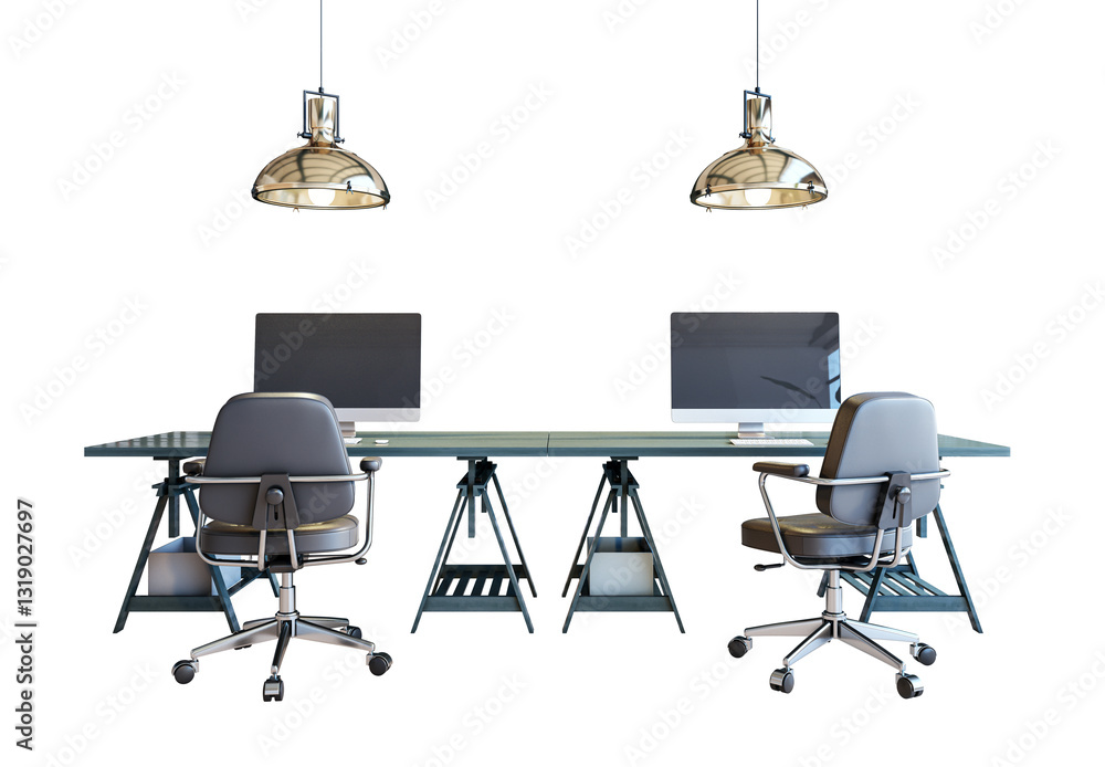 Poster office workspace with ergonomic chairs, glass desks, and dual computers on a white background. indus