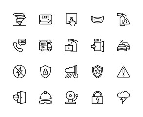 Emergency situation vector linear icons set. Contains such icons as tornado, emergency exit, alarm, hazard warning and more.