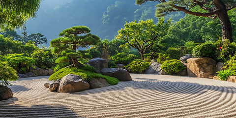 Peaceful Japanese Zen Garden with Raked Sand and Bamboo for Meditation, Minimalist Art, or Tranquility-Inspired Design