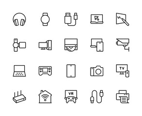 Electronic devices related vector linear icons set. Contains such icons as headphones, smart watch, charger, laptop and more.