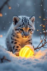 The cute snow leopard cub notices a glowing golden fruit half-buried in the snow. His eyes widen as he crouches and tilts his head curiously.