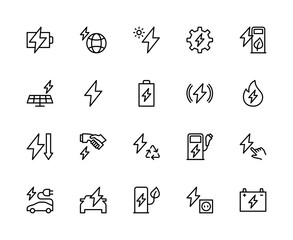 Energy related vector linear icons set. Contains such battery, electric car, globe, lightning and more.