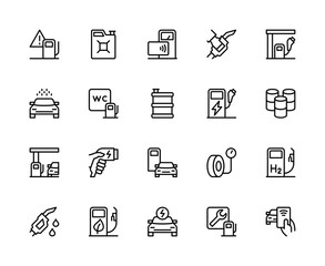 Gas station related vector linear icons set. Contains such icons as petrol station, canister, terminal, electric car and more.