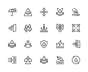 Fabric properties related vector linear icons set. Contains such icons as waterproof, elasticity, stretch, softness and more.