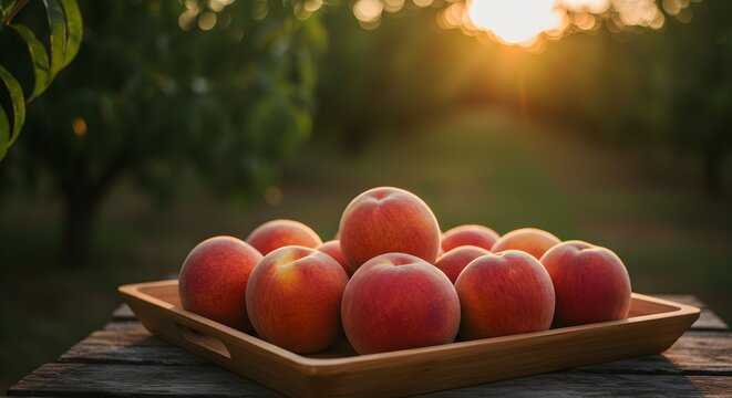 Fresh ripe peaches on a wooden tray in a sunlit orchard during golden hour create a perfect harvest-time scene