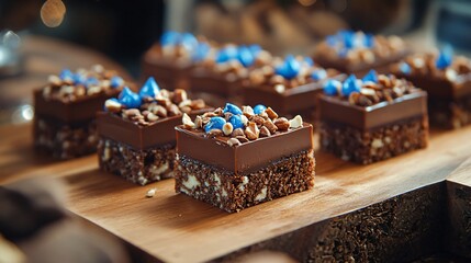 Professional Display of Neatly Arranged Chocolate Cake Slices with Glossy Coating
