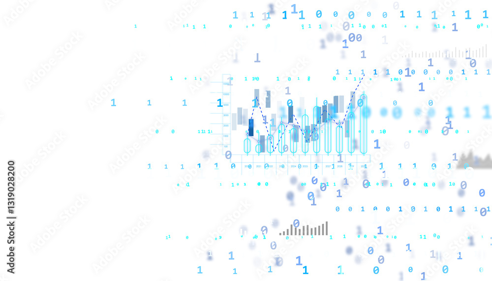 Poster Abstract financial chart with binary code overlay on white background, representing digital data analysis and financial technology concepts. 3D Rendering.