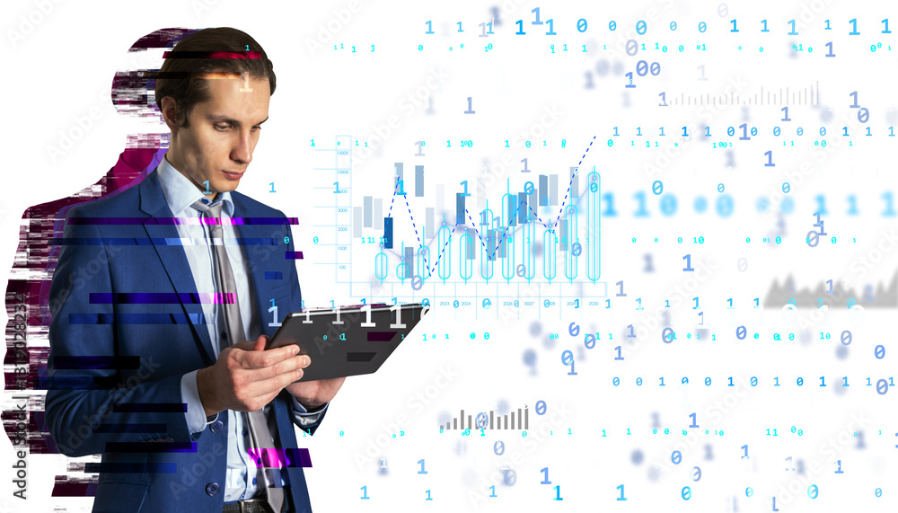 Poster businessman in blue suit using tablet with digital data, graphs, and binary code effects on white ba