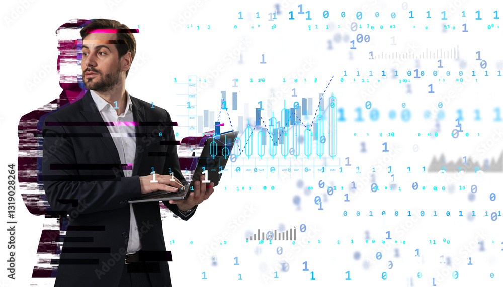 Poster businessman using laptop with digital data and glitch effect overlay on white background, representi