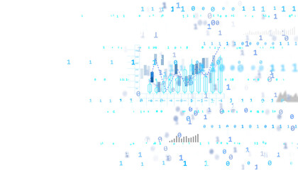 Abstract financial chart with binary code overlay on white background, representing digital data analysis and financial technology concepts. 3D Rendering.