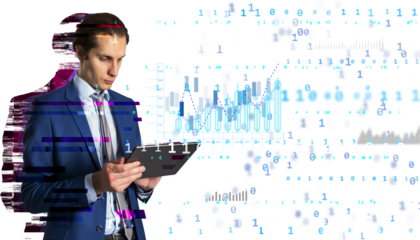 Businessman in blue suit using tablet with digital data, graphs, and binary code effects on white background. Concept of technology and finance