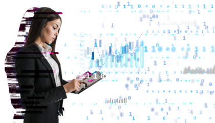 Businesswoman using a tablet with digital financial charts and binary code overlay. Concept of technology and data analysis on a white background