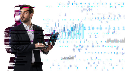 Businessman using laptop with digital data and glitch effect overlay on white background, representing technology, cybersecurity, and business analytics