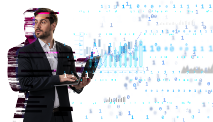 Businessman using laptop with digital data and glitch effect overlay on white background, representing technology, cybersecurity, and business analytics